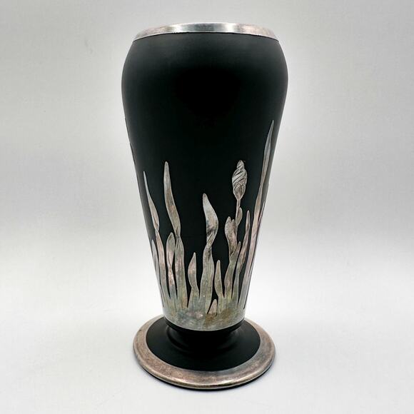 Vintage Black Satin Glass Vase with Sterling Silver Iris Overlay Art Deco Style - Picture 8 of 13